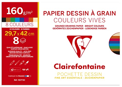 Clairefontaine 96773C Packung mit 8 Bögen Zeichenpapier Etival Color, DIN A3, 160g, 1 Pack, intensive Farben sortiert, Papier, 29,7 x 42 cm von Clairefontaine