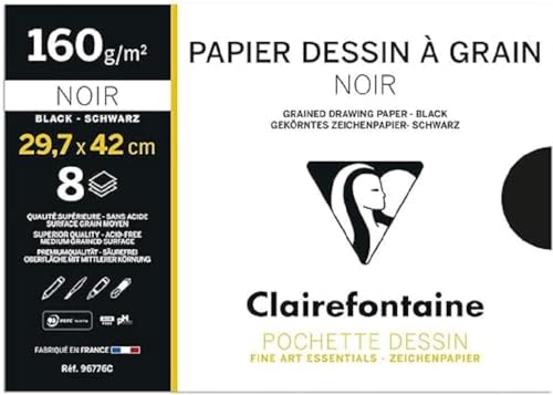 Clairefontaine 96776C Mappe Zeichenpapier (160 g, 29,7 x 22 cm, 8 Bögen, ideal für Kunstunterricht) schwarz von Clairefontaine