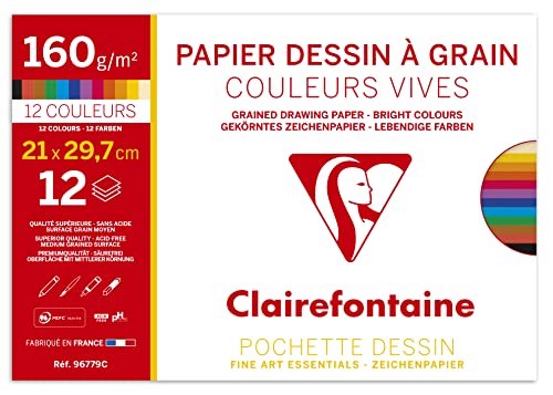 Clairefontaine 96779C Packung mit 12 Bögen Zeichenpapier Etival Color, DIN A4, 160g, 1 Pack, intensive Farben sortiert von Clairefontaine