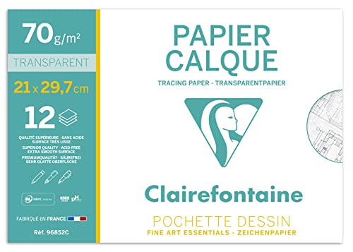 Clairefontaine 96852C Mappe Transparentpapier (DIN A4, 21 x 29,7 cm, 70/75 g, 12 Blatt, ideal für technische Zeichnen) transparent von Clairefontaine