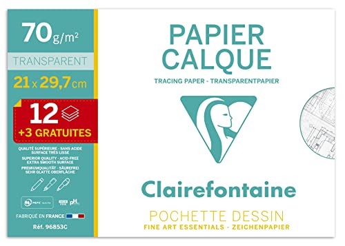 Clairefontaine 96853C - Mappe Transparentpapier DIN A4 21x29,7cm, 70g, 12 Blatt + 3, ideal für technische Zeichnen und Entwürfe, 1 Mappe von Clairefontaine