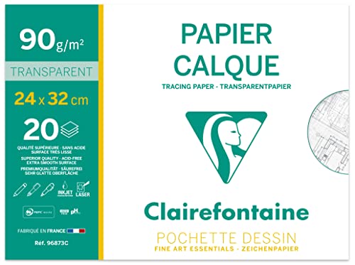 Clairefontaine 96873C - Mappe Transparentpapier DIN A4+ 24 x 32 cm, 90g, 20 Blatt, ideal für technische Zeichnen und Entwürfe, 1 Mappe von Clairefontaine