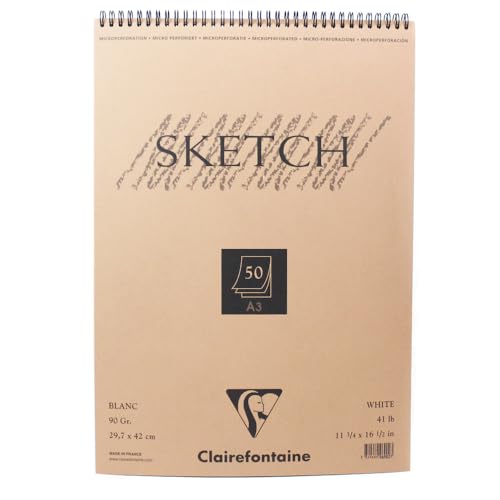 Clairefontaine 96902C Skizzenblock mit Doppelspirale Sketch-Papier, Din A3, 29.7 x 42 cm, 50 Blatt, 90 g, weiß von Clairefontaine