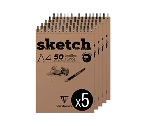 Clairefontaine 96904C - Packung mit 5 Skizzenblöcken mit Doppelspirale SKETCH-Papier, DIN A4 21x29,7cm, weißes Zeichenpapier 50 Blatt, 90g, 1 Pack von Clairefontaine