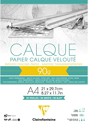 Clairefontaine 97133C - Block geleimt Transparentpapier, 50 Blatt 90/95g DIN A4 21x29,7cm, ideal für technisches und kreatives Zeichnen, biologisch abbaubar und recycelbar, 1 Stück von Clairefontaine