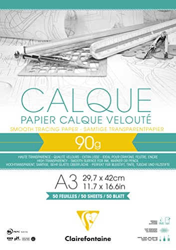 Clairefontaine 97134C - Block Transparentpapier, DIN A3 29,7 x 42 cm, 90g, 50 Blatt, ideal für technische Zeichen, Extratransparent, 1 Stück von Clairefontaine