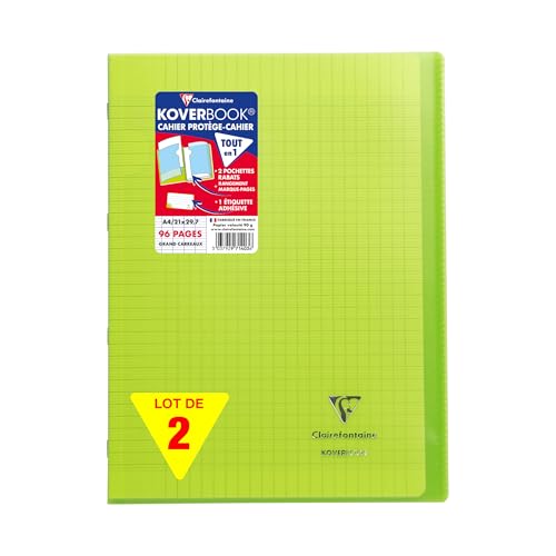 Clairefontaine 971403AMZC Lot de 2 Cahiers Agrafés Koverbook - A4 21x29,7 cm - 96 Pages Grands Carreaux - Papier Blanc 90 g - Couvertures Polypro vert von Clairefontaine