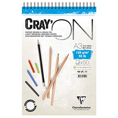 Clairefontaine 975025C Zeichenblock Cray’On (120 g, ideal für Trockentechnik, 50 Blatt, DIN A3, 29,7 x 42 cm, Spiralbindung, mikroperforiert) extra weiß von Clairefontaine