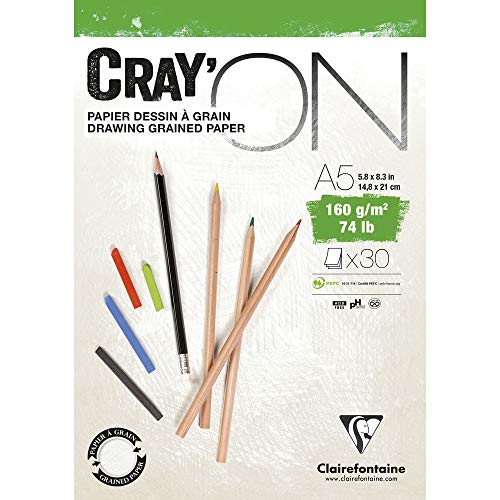 Clairefontaine 975026C Zeichenblock Cray’On (160 g, ideal für Trockentechniken, 30 Blatt, DIN A5, 14,8 x 21 cm, kopfseitig geleimt) extra weiß von Clairefontaine