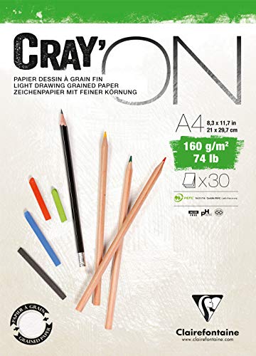 Clairefontaine 975027C Zeichenblock Cray’On (160 g, ideal für Trockentechniken, 30 Blatt, DIN A4, 21 x 29,7 cm, kopfseitig geleimt) extra weiß von Clairefontaine