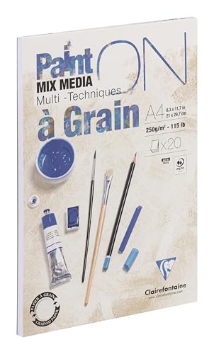 Clairefontaine 975049C - Zeichenblock / Skizzenheft PaintON à grain/gekörnt, DIN A4 21x29,7 cm, kopfseitig geleimt, 20 Blatt, 250g, 100% Zellulose, ideal für Mixmedia, Weiß, 1 Stück. von Clairefontaine
