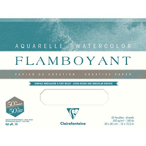 Clairefontaine 975059C Flamboyant Aquarellpapier Packung (mit 3 Bögen, 50 x 65 cm, 300 g, mit zerfransten Rand, mit starker Struktur, ideal für spezielle Effekte) extraweiß von Clairefontaine