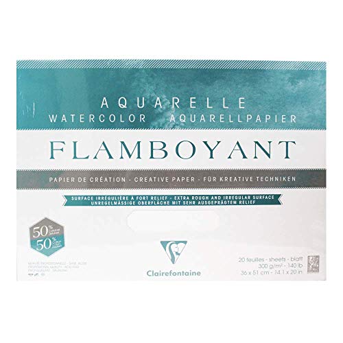 Clairefontaine 975066C Flamboyant Aquarellpapier Block (4-seitig geleimt, 20 Blätter, 36 x 51 cm, 300 g, mit zerfransten Rand, mit starker Struktur, ideal spezielle Effekte) extraweiß von Clairefontaine