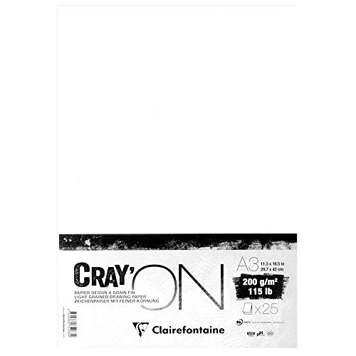 Clairefontaine 975068C Bogen Zeichenpapier Cray’On (25 Blatt, 200 g, Ideal für Trockentechnik, DIN A3) extra Weiß, Pack von Clairefontaine