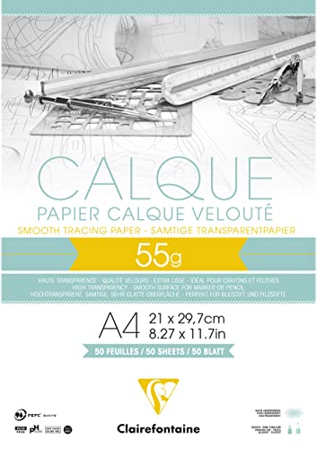 Clairefontaine 975080C Block Transparentpapier (DIN A4, 21 x 29,7 cm, 50 Blatt, 55 g, ideal für technische Zeichnen) transparent von Clairefontaine