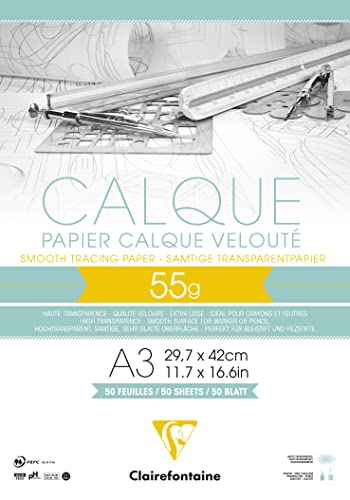 Clairefontaine 975081C Block Transparentpapier (DIN A3, 29,7 x 42 cm, 50 Blatt, 55 g, ideal für technische Zeichnen) transparent Durchsichtig von Clairefontaine