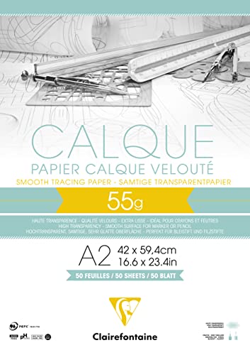 Clairefontaine 975082C Block Transparentpapier (DIN A2, 42 x 59,4 cm, 50 Blatt, 55 g, ideal für technische Zeichnen) transparent von Clairefontaine