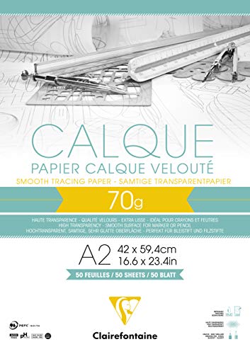 Clairefontaine 975089C Block Transparentpapier (DIN A2, 42 x 59,4 cm, 50 Blatt, 70 g, ideal für technischen Zeichnen) transparent Durchsichtig von Clairefontaine