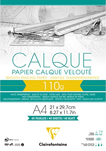 Clairefontaine 975106C Block Transparentpapier (DIN A4, 21 x 29,7 cm, 40 Blatt, 110 g, ideal für technische Zeichnen) transparent von Clairefontaine