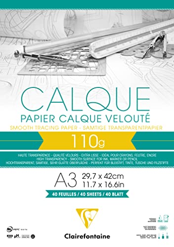 Clairefontaine 975107C Block Transparentpapier (DIN A3, 29,7 x 42 cm, 40 Blatt, 110 g, ideal für technische Zeichnen) transparent von Clairefontaine