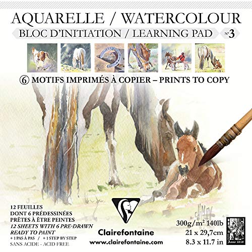 Clairefontaine 975147C Aquarellblock (mit Vordruck, verleimt, 12 Blätter, 300 g, 21 x 21 cm, 100% Zellulose, besonders geeignet für diejenigen, die sich in der Aquarellmalerei versuchen möchten) weiß von Clairefontaine