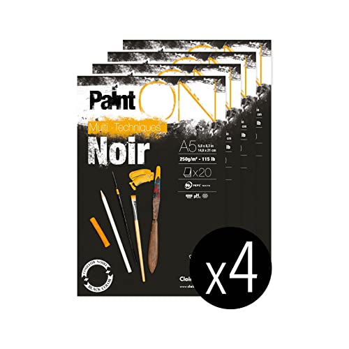 Clairefontaine 975168C - Packung mit 4 Blöcken Paint´ON Noir, DIN A5, kopfseitig geleimt, 20 Blatt, 250g, schwarz, 1 Pack von Clairefontaine