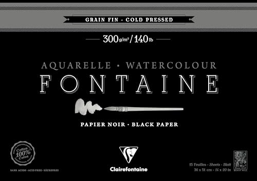 Clairefontaine 975306C - Malblock Fontaine verleimt mit 20 Blatt, feine Körnung 36x51 cm 300g, Schwarz von Clairefontaine