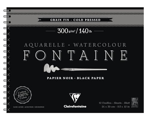 Clairefontaine 975311C - Malblock Fontaine mit Spiralbindung mit 12 Blatt, feine Körnung 300g 24x30cm, Schwarz von Clairefontaine
