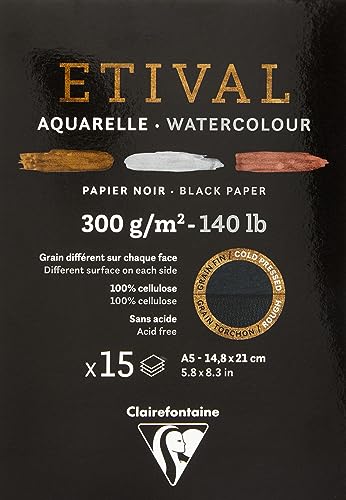 Clairefontaine 975317C - Malblock verleimt 2 Körnungen, 1 Seite Etival Papier, 15 Blatt 14,8x21 cm 300g , Schwarz von Clairefontaine