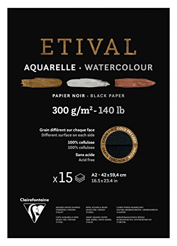 Clairefontaine 975320C - Malblock verleimt 2 Körnungen, 1 Seite Etival Papier, 15 Blatt 42x59,4 cm 300g , Schwarz von Clairefontaine