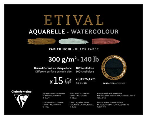 Clairefontaine 975322C - Malblock verleimt 2 Körnungen, 1 Seite Etival Papier, 15 Blatt 20,3x25,4 cm 300g , Schwarz von Clairefontaine