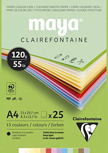 Clairefontaine 975332C - Malblock verleimt mit 25 Blatt Maya Zeichenpapier, glatt 21x29,7 cm 120g, Pastell farbig sortiert (12 Farben + 1 weiß ) von Clairefontaine
