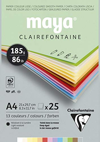 Clairefontaine 975334C - Malblock verleimt mit 25 Blatt Maya Zeichenpapier, glatt 21x29,7 cm 185g, Pastell farbig sortiert (12 Farben + 1 weiß ) von Clairefontaine