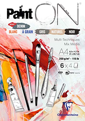 Clairefontaine 975410C - Zeichenblock / Skizzenheft PaintON, DIN A4 21x29,7 cm, kopfseitig geleimt, 24 Blatt, 250g, 100% Zellulose, ideal für Mixmedia, feinkörnung, 6 farben sortiert x4, 1 Stück. von Clairefontaine