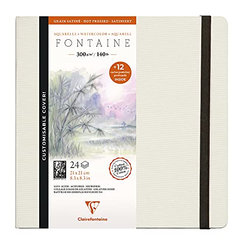 Clairefontaine 975443C - Skizzenbuch mit Fadenbindung Fontaine mit 24 Blatt weißes Zeichenpapier, glänzend, 21x21 cm 300g + 12 Postkarten mit Vordruck von Clairefontaine