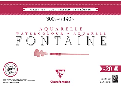 Clairefontaine 975503C - Aquarellblock Fontaine feinkörnig, 20 Blatt, 36x51cm, 300g, geleimt, ideal für Nasstechniken, 1 Block von Clairefontaine