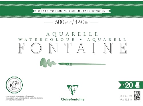 Clairefontaine 975506C - Aquarellblock Fontaine Torchon, 100% Hadern, 20 Blatt, 23x31cm, 300g, geleimt, ideal für Nasstechniken, 1 Block von Clairefontaine