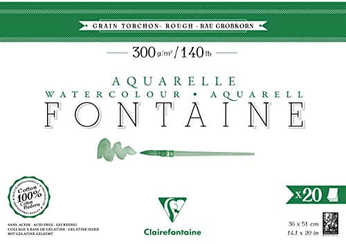Clairefontaine 975509C - Aquarellblock Fontaine Torchon, 100% Hadern, 20 Blatt, 36x51cm, 300g, geleimt, ideal für Nasstechniken, 1 Block von Clairefontaine