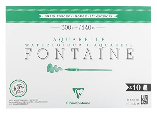 Clairefontaine 975517C - Aquarellblock Fontaine Torchon, 100% Hadern, 10 Blatt, 36x51cm, 300g, 1-seitig geleimt, ideal für Nasstechniken, 1 Block von Clairefontaine