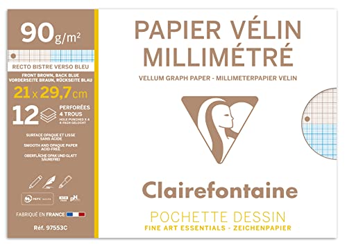 Clairefontaine 97553C - Packung mit 12 Bogen Millimeterpapier 90g, DIN A4 21x29,7 cm, 4-fach gelocht, ideal für die Schule und technische Zeichnungen, sehr widerstandsfähig, Weiß, 1 Pack von Clairefontaine