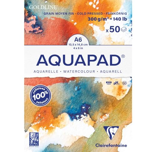 Clairefontaine 975620C Block Goldline Aquapad – 50 Blatt Aquarellpapier, mittelfein, A6, 10,5 x 14,8 cm, 300 g, Weiß von Clairefontaine