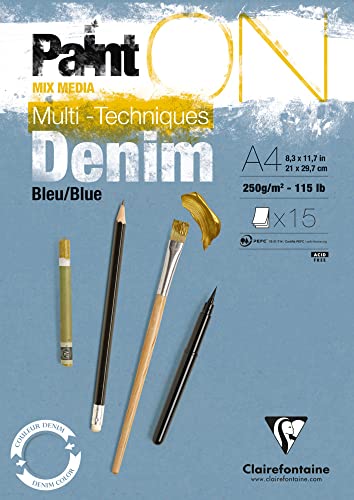 Clairefontaine 975701C - Malblock PaintOn, verleimt, 15 Blatt Zeichenpapier, DIN A4, 21x29,7 cm 250g, Blau denim, 1 Stück von Clairefontaine