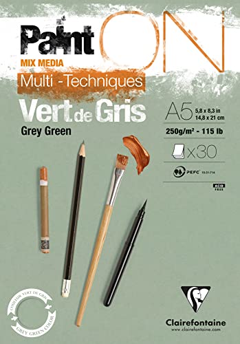 Clairefontaine 975704C - Malblock PaintOn, verleimt, 30 Blatt Zeichenpapier 14,8x21 cm 250g, Grüngrau, 1 Stück Clairefontaine 975704C - Malblock PaintOn, verleimt, 30 Blatt Zeichenpapier 14,8x21 cm 250g, Grüngrau, 1 Stück von Clairefontaine