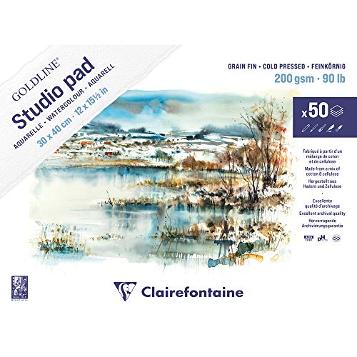 Clairefontaine 975717C - Goldline Studio Pad Aquarellpapier Mappe (mit 50 Bögen, feinkörnig, 200 g, 30 x 40 cm) weiß von Clairefontaine