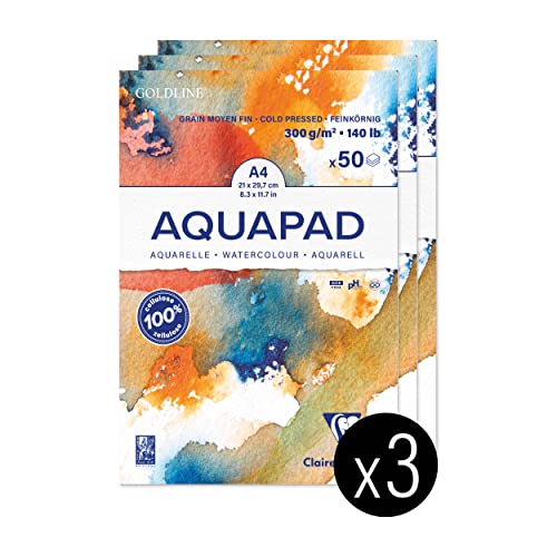 Clairefontaine 975721C - Packung mit 3 Aquarellblöcken Goldline Aquapad A4 geleimt, 50 Blatt weiß 300g, mittlere Körnung, 1 Pack von Clairefontaine