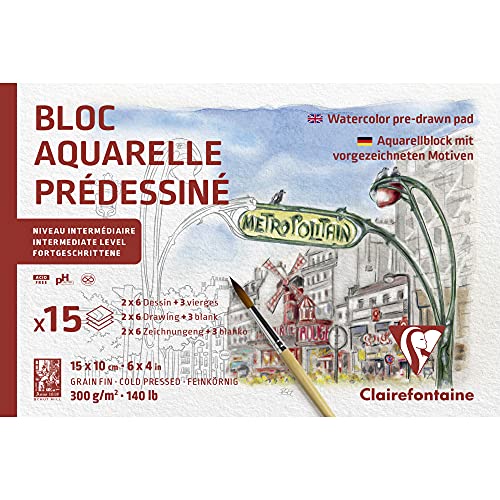 Clairefontaine 975727C - Aquarellblock mit vorgezeichneten Motiven mit 15 Blatt (2 x 6 designs) 10x15 cm 300g, Paris post card von Clairefontaine