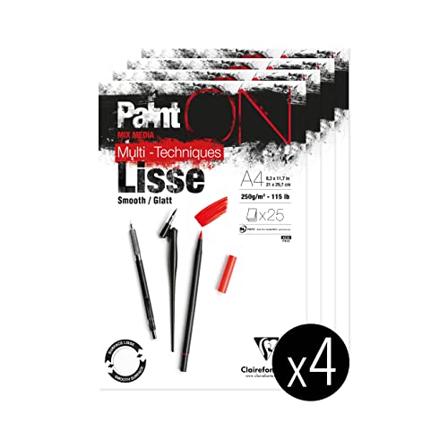 Clairefontaine 975729C - Packung mit 4 Blöcken Paint´ON Lisse/Glatt, DIN A4, kopfseitig geleimt, 25 Blatt, 250g, weiß, 1 Pack 25 Blatt / DIN A4 Clairefontaine 975729C - Packung mit 4 Blöcken Paint´ON Lisse/Glatt, DIN A4, kopfseitig geleimt, 25 Blatt, 250g, weiß, 1 Pack 25 Blatt / DIN A4 von Clairefontaine