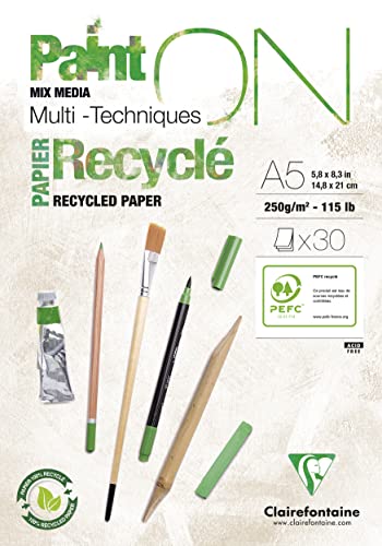 Clairefontaine 975740C - Block Paint'ON, geleimt, DIN A5, 30 Blatt Recycling-Papier weiß 250g, perfekt für Trocken- und Nasstechniken, 1 Stück Clairefontaine 975740C - Block Paint'ON, geleimt, DIN A5, 30 Blatt Recycling-Papier weiß 250g, perfekt für Trocken- und Nasstechniken, 1 Stück von Clairefontaine