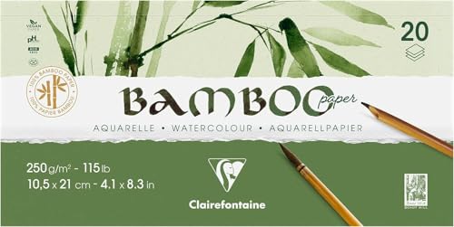 Clairefontaine 975912C - Block Bamboo Aquarelle, einseitg geleimt, 20 Blatt Bambuspapier 250g, DIN A5 10,5x21cm, 1 Block von Clairefontaine