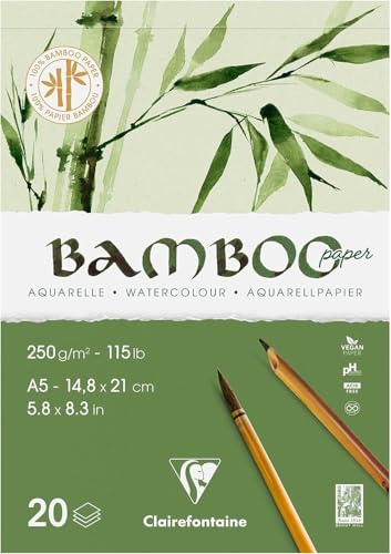 Clairefontaine 975918C - Block Bamboo Aquarelle, einseitg geleimt, 20 Blatt Bambuspapier 250g, DIN A5 10,5x21cm, 1 Block von Clairefontaine
